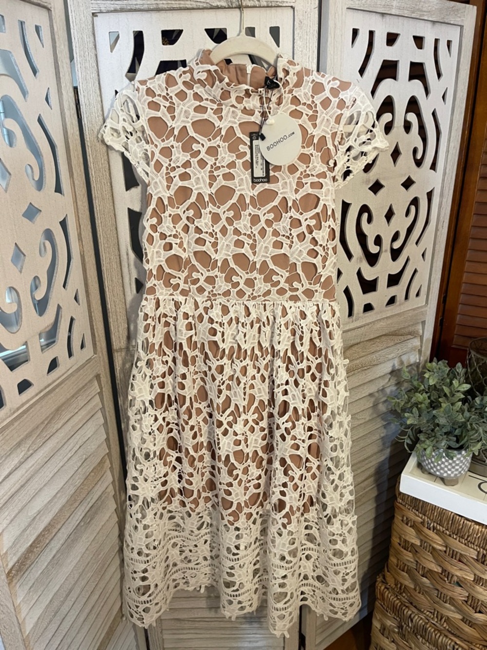 Boohoo Cream Crochet Lace Midi Dress with Nude Lining
